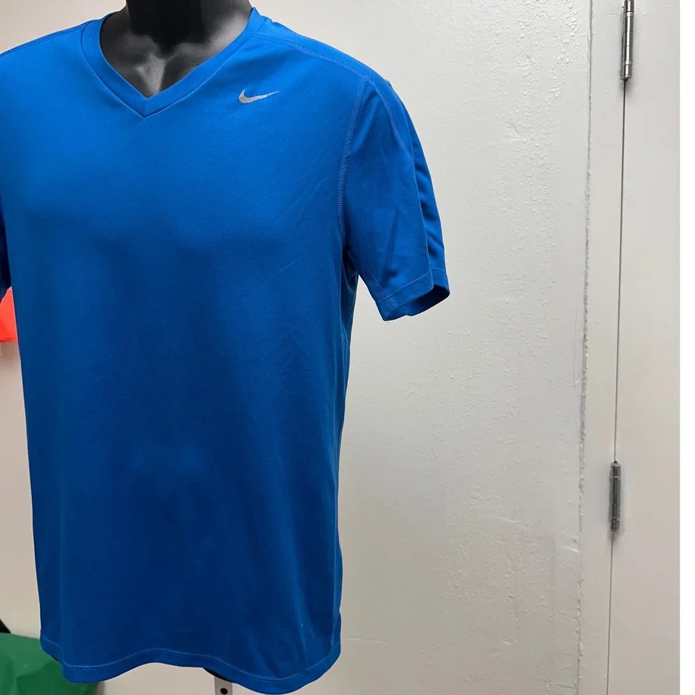 Nike Dri-FIT Running V-Neck Top Athletic Gym T-Shirt Vibrant Blue Mens Size‎ S
